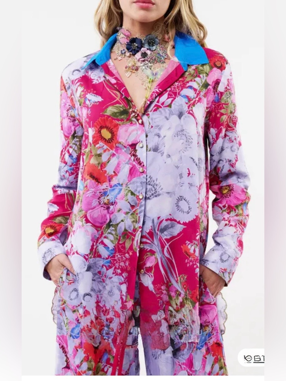 Aratta Floral Button-Down Shirt in Fuchsia and Lavender with Blue Collar